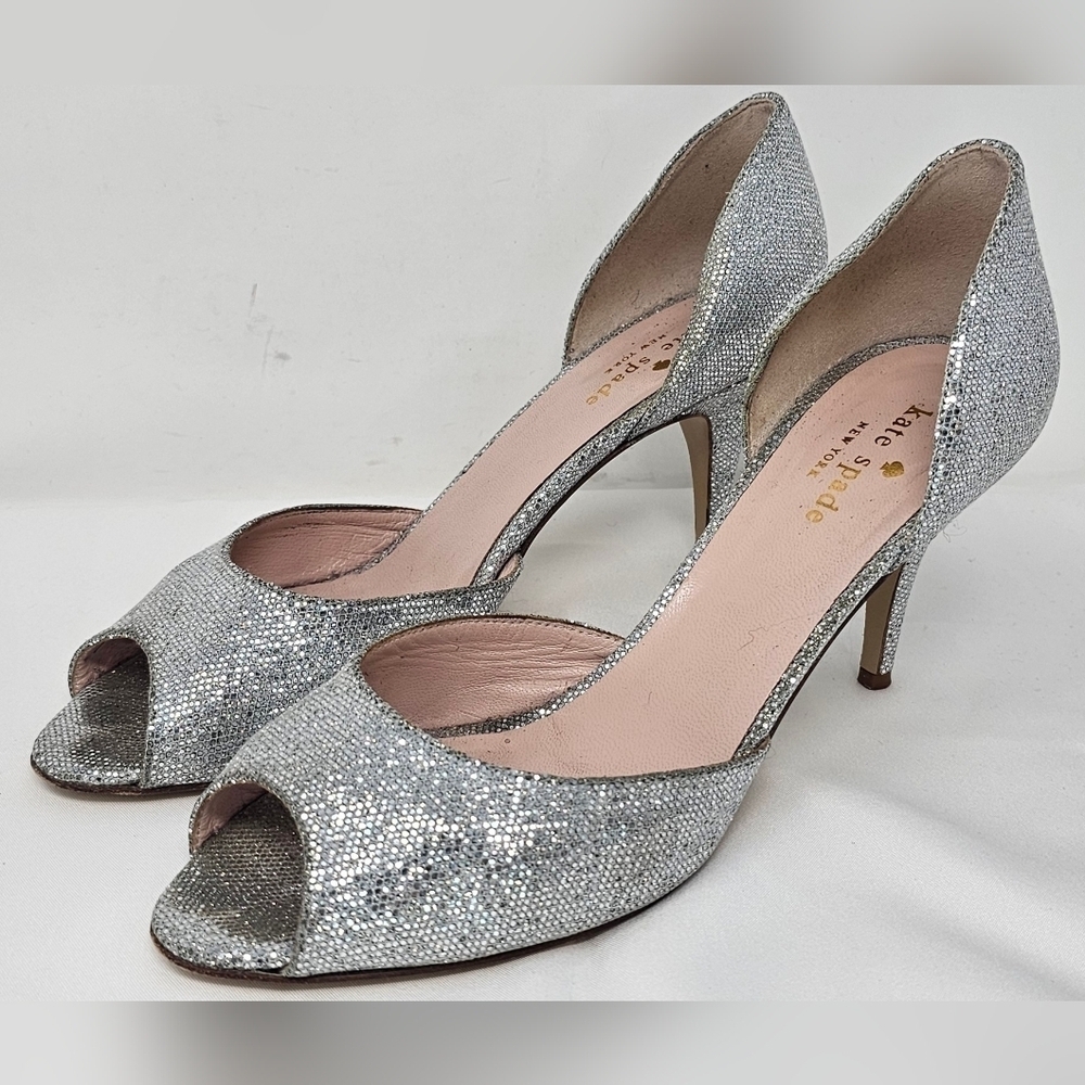 Kate Spade New York Silver Glitter Sage D'Orsay Peep Toe Heel Pumps Size 8B